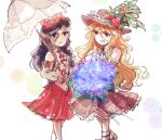  2girls blue_eyes bow brown_eyes brown_headwear brown_vest cabbie_hat detached_sleeves flat_cap flower frilled_hat frills hat hat_feather holding holding_flower holding_umbrella jacket_girl_(dipp) label_girl_(dipp) long_hair multiple_girls open_mouth owannu purple_hair red_skirt simple_background skirt touhou umbrella very_long_hair vest wavy_hair white_bow white_vest 