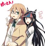  1boy 1girl :d aoki_shizumi bangs beige_jacket bespectacled black_hair black_nails blue_hair commentary_request dangan_ronpa_(series) dangan_ronpa_2:_goodbye_despair dress_shirt eyebrows_visible_through_hair fat fat_man from_side glasses gloves hair_horns hand_up hug hug_from_behind jacket large_hands long_hair looking_at_viewer mioda_ibuki multicolored_hair notice_lines open_clothes open_jacket open_mouth pink_eyes redhead shirt short_sleeves smile striped striped_gloves sweatdrop togami_byakuya_(dangan_ronpa_2) translation_request upper_body v white_background white_shirt 