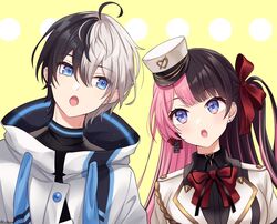  1boy 1girl ahoge black_hair blue_eyes bow hair_ribbon hat heart highres indie_virtual_youtuber iris_black_games jacket jewelry kamito_(vtuber) multicolored_hair open_mouth pink_hair ribbon shirt silver_hair tachibana_hinano_(vtuber) two-tone_hair u2hara virtual_youtuber white_shirt 