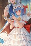  2girls absurdres arch arms_up bat_wings blue_hair blue_skirt blue_vest blush braid commentary cravat dress goback hair_between_eyes hand_mirror hat hat_ribbon head_out_of_frame highres holding holding_mirror indoors izayoi_sakuya layered_dress light_frown looking_at_viewer mirror mob_cap multiple_girls open_mouth puffy_short_sleeves puffy_sleeves red_eyes red_ribbon remilia_scarlet ribbon shirt short_hair short_sleeves silver_hair skirt standing touhou twin_braids upper_teeth vest white_dress white_headwear white_shirt wings yellow_neckwear 