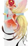  animal animal_on_head bird bird_on_head bird_tail bird_wings blonde_hair chick chicken dress feathered_wings frilled_skirt frills full_body highres holding holding_animal looking_at_viewer multicolored_hair niwatari_kutaka on_head orange_dress red_eyes red_neckwear red_ribbon redhead ribbon ryuuta_(akatukiryoka) short_hair skirt tail_feathers touhou two-tone_hair wings yellow_wings 