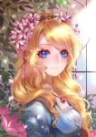  1girl bangs blonde_hair blue_eyes closed_mouth eyebrows_visible_through_hair flower from_side hair_flower hair_ornament head_wreath jewelry long_hair looking_at_viewer original pendant pink_flower pointy_ears shiny shiny_hair smile solo swept_bangs tabby_chan twitter_username upper_body 