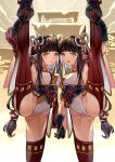  2girls armpits ass bangs black_gloves black_hair breasts eyeliner gloves hair_ornament highres hinoa leotard long_hair looking_at_viewer makeup minoto mizukiyan monster_hunter_(series) monster_hunter_rise multiple_girls open_mouth pointy_ears red_legwear siblings sisters split standing standing_on_one_leg standing_split thigh-highs twins yellow_eyes 