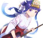  1girl blue_hair blush dutch_angle eyebrows_visible_through_hair furude_rika hakama highres higurashi_no_naku_koro_ni hime_cut hoe japanese_clothes lips long_hair looking_at_viewer nerune_j ponytail red_hakama smile solo twitter_username very_long_hair violet_eyes white_background 