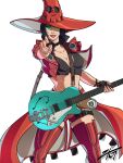  1girl absurdres black_hair boots electric_guitar fighting_game guilty_gear guilty_gear_strive guitar hat heterochromia highres i-no instrument jacket midriff pointing pointing_at_viewer red_jacket red_lips shiny shiny_clothes shiny_legwear short_hair sunglasses thigh-highs thigh_boots tinted_eyewear venus_symbol very_short_hair witch_hat 