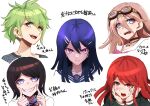  1boy 4girls :d amami_rantarou angry bangs barbed_wire black_choker blue_eyes blue_hair blue_sailor_collar choker commentary_request dangan_ronpa/zero dangan_ronpa:_trigger_happy_havoc dangan_ronpa_(series) dangan_ronpa_v3:_killing_harmony earrings eyebrows_visible_through_hair fangs fingers_to_cheeks frown goggles goggles_on_head green_hair grin hair_ornament hairclip hands_on_own_face ikusaba_mukuro iruma_miu jewelry long_hair maizono_sayaka messy_hair multiple_girls neck_ribbon open_mouth otonashi_ryouko red_eyes red_ribbon redhead ribbon sailor_collar school_uniform shiny shiny_hair shirt short_hair simple_background smile sweat translation_request tsunemi_aosa white_background white_shirt 