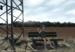  1girl artist_name bench black_hair bottle clouds dated dead-robot farm food grass green_eyes high_ponytail holding holding_food naked_overalls original outdoors overall_shorts overalls ponytail rural sandwich scenery shadow shoes skull_and_crossbones sky sneakers tree water_bottle 