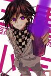  1boy bangs black_hair buttons checkered checkered_scarf commentary_request dangan_ronpa_(series) dangan_ronpa_v3:_killing_harmony dated double-breasted feet_out_of_frame grey_jacket grin hair_between_eyes highres jacket long_sleeves looking_at_viewer male_focus ouma_kokichi pants purple_hair scarf short_hair smile spray_can standing straitjacket teeth torn_clothes totata violet_eyes white_background 