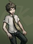  1boy :o ahoge bangs black_pants breast_pocket brown_hair collared_shirt commentary_request cowboy_shot dangan_ronpa_(series) dangan_ronpa_2:_goodbye_despair green_background green_eyes hinata_hajime komatsuzaki_rui_(style) looking_at_viewer male_focus necktie official_style open_mouth pants pocket sasa_(sabamisoni33) shirt short_hair short_sleeves simple_background solo spiky_hair white_shirt 