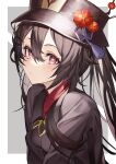  1girl absurdres black_hair black_headwear blush closed_mouth flower flower-shaped_pupils genshin_impact hair_between_eyes hat highres hu_tao_(genshin_impact) kabi_(zcwd8845) long_hair looking_at_viewer plum_blossoms red_eyes solo upper_body 