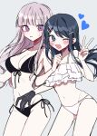  2girls 3j_dangan :d bangs bikini black_bikini black_gloves blue_eyes blue_hair blush breasts contrapposto cowboy_shot dangan_ronpa:_trigger_happy_havoc dangan_ronpa_(series) dangan_ronpa_s:_ultimate_summer_camp eyebrows_visible_through_hair front-tie_bikini front-tie_top gloves groin hair_ornament hairclip hands_up heart highres kirigiri_kyouko large_breasts layered_bikini locked_arms long_hair maizono_sayaka multiple_girls navel one_eye_closed open_mouth shiny shiny_hair side-tie_bikini sketch smile stomach sweatdrop swimsuit v violet_eyes white_bikini 