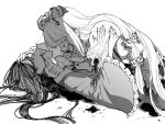  2girls bangs blood blood_on_face bow breasts chouonsoku-jiisan closed_eyes eyebrows_visible_through_hair frilled_sleeves frills fujiwara_no_mokou greyscale grin hair_bow highres hime_cut houraisan_kaguya long_hair long_sleeves lying monochrome multiple_girls on_back open_mouth simple_background smile suspenders tears touhou wide_sleeves 