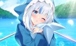  1girl bangs blue_eyes blue_hair blush fish_tail gawr_gura hololive hololive_english looking_at_viewer multicolored_hair one_eye_closed open_mouth shark_tail silver_hair solo streaked_hair tail teeth virtual_youtuber 