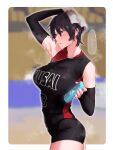  1girl absurdres armpits blurry blurry_background breasts detached_sleeves hand_on_own_head highres huge_filesize kagto_(alterna) large_breasts original red_eyes short_hair shorts solo sportswear steaming_body sweat towel volleyball volleyball_uniform 