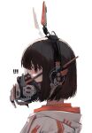  1girl artist_name bangs blunt_bangs brown_eyes brown_hair commentary_request copyright_request from_side gas_mask hatachi8p headgear highres hood hood_down mask mouth_mask profile red_eyes short_hair simple_background solo white_background 