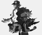  1boy 1girl antenna_hair bangle baseball_cap blue_eyes bracelet cube eyelashes greyscale hat high_ponytail highres hilda_(pokemon) holding holding_poke_ball jewelry kokesa_kerokero long_hair looking_at_viewer looking_back monochrome n_(pokemon) necklace pants poke_ball pokemon pokemon_(game) pokemon_bw ponytail shirt shorts sidelocks spot_color vest wristband 