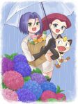  1boy 1girl bag carrying_under_arm gen_1_pokemon highres james_(pokemon) jessie_(pokemon) meowth rain smile team_rocket tsukino_mi umbrella 