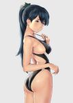  1girl alternate_costume ass bare_arms bare_legs bare_shoulders black_hair black_swimsuit blue_eyes blush breasts closed_mouth competition_swimsuit cowboy_shot grey_background hair_between_eyes highres houshou_(kancolle) kantai_collection long_hair medium_breasts one-piece_swimsuit ponytail sideboob simple_background solo swimsuit wa_(genryusui) 