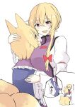  2girls :d animal_ears bangs blonde_hair breast_press breasts commentary deetamu eye_contact eyebrows_visible_through_hair fox_ears fox_girl fox_tail hair_between_eyes hand_on_another&#039;s_head highres hug large_breasts long_hair long_sleeves looking_at_another multiple_girls multiple_tails no_hat no_headwear open_mouth short_hair simple_background smile tail touhou translated violet_eyes white_background wide_sleeves 