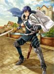  1boy armor blue_eyes blue_hair boots building chrom_(fire_emblem) falchion_(fire_emblem) fire_emblem fire_emblem_cipher holding holding_sword holding_weapon official_art outdoors river sword town weapon yamada_koutarou 