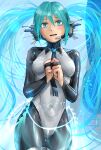  1girl android aqua_hair bodysuit breasts hatsune_miku highres kirie_kairi latex_bodysuit long_hair looking_at_viewer necktie open_mouth skin_tight solo twintails very_long_hair vocaloid 