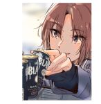  1girl blurry blurry_background blush bonryuu brown_hair can canned_coffee coffee grey_jacket hibike!_euphonium holding holding_can jacket long_hair long_sleeves looking_at_viewer nakagawa_natsuki open_mouth outstretched_arm ponytail smile solo violet_eyes 