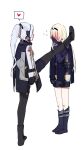  2girls absurdres ak-12_(girls_frontline) an-94_(girls_frontline) blonde_hair blue_hair blush commentary_request covering_mouth flying_sweatdrops girls_frontline heart highres huqu multiple_girls simple_background speech_bubble split spoken_heart standing standing_on_one_leg standing_split white_background yuri 