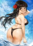  1girl ass bare_arms bare_legs bare_shoulders bikini black_bikini black_hair blush breasts brown_eyes closed_mouth day flower from_behind hair_flower hair_ornament highres kantai_collection large_breasts long_hair looking_back myoukou_(kancolle) red_flower smile solo swimsuit toka_(marchlizard) 