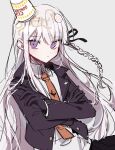  1girl 3j_dangan bangs black_gloves black_jacket black_skirt braid collared_shirt crossed_arms dangan_ronpa:_trigger_happy_havoc dangan_ronpa_(series) food food_on_head gloves grey_background grey_shirt hair_ribbon highres jacket kirigiri_kyouko long_hair looking_at_viewer necktie noodles object_on_head open_clothes open_jacket pleated_skirt purple_hair ramen ribbon shirt single_braid skirt solo violet_eyes 