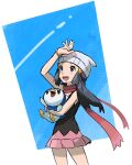  1girl :d arm_up beanie black_hair bracelet hikari_(pokemon) eyelashes floating_scarf gen_4_pokemon grey_eyes grey_headwear hat holding holding_pokemon jewelry kokesa_kerokero long_hair looking_up open_mouth piplup pokemon pokemon_(creature) pokemon_(game) pokemon_dppt scarf sleeveless smile starter_pokemon tongue upper_teeth 