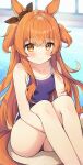  1girl animal_ears ayamy bangs blue_swimsuit blush brown_ribbon closed_mouth collarbone ear_ribbon eyebrows_visible_through_hair heart heart-shaped_pupils highres horse_ears horse_girl horse_tail legs long_hair looking_at_viewer mayano_top_gun_(umamusume) one-piece_swimsuit orange_hair pool ribbon sitting smile solo swimsuit symbol-shaped_pupils tail twintails two_side_up umamusume water yellow_eyes 