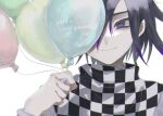  1boy balloon bangs checkered closed_mouth dangan_ronpa_(series) dangan_ronpa_v3:_killing_harmony dated hand_up happy_birthday highres holding joh_pierrot looking_at_viewer male_focus ouma_kokichi portrait short_hair smile solo upper_body violet_eyes 