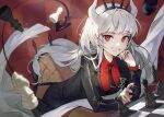  1girl board_game chess chess_piece chessboard demon_girl demon_horns demon_tail duplicate formal helltaker highres horns long_hair looking_at_viewer lucifer_(helltaker) mole necktie pixel-perfect_duplicate red_eyes smile solo soyoong_jun suit tail white_hair 