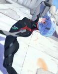  1girl absurdres arched_back ass ayanami_rei black_bodysuit blue_hair bodysuit breasts closed_mouth cowboy_shot evangelion:_3.0+1.0_thrice_upon_a_time hair_ornament hand_up highres looking_to_the_side neon_genesis_evangelion plugsuit rebuild_of_evangelion red_eyes ruins sawada2 short_hair small_breasts solo 