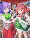  2girls :d absurdres bangs bell blunt_bangs checkered checkered_kimono eyebrows_visible_through_hair feet_out_of_frame green_kimono green_skirt hair_bell hair_ornament hieda_no_akyuu highres holding holding_umbrella japanese_clothes kimono long_sleeves looking_at_another motoori_kosuzu multiple_girls open_mouth outdoors purple_hair rain red_eyes red_skirt red_umbrella redhead see-through_sleeves short_hair skirt smile standing touhou twintails umbrella violet_eyes wide_sleeves yossy_(yossy1130) 