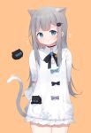  1girl :3 animal_ears arms_behind_back bangs black_bow blue_bow blue_eyes blush bow brown_background cat_ears cat_girl cat_tail closed_mouth commentary deyui dress eyebrows_visible_through_hair grey_bow grey_hair hair_ornament hairclip highres indie_virtual_youtuber long_hair looking_at_viewer nacho_(amashiro_natsuki) romaji_commentary short_sleeves signature simple_background solo tail tail_raised very_long_hair virtual_youtuber white_dress 