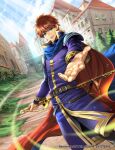  1boy armor blue_eyes building eliwood_(fire_emblem) fire_emblem fire_emblem:_the_blazing_blade fire_emblem_cipher holding holding_sword holding_weapon official_art open_mouth outdoors outstretched_arm redhead sword town toyota_saori weapon 