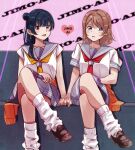  2girls :o bangs blue_eyes blue_hair brown_footwear clothes_around_waist couch crossed_legs earrings grey_hair gyaru highres holding_hands jewelry long_hair loose_socks love_live! love_live!_sunshine!! multiple_girls open_mouth orange_sweater red_eyes red_neckwear school_uniform short_hair side_bun smile summer_uniform sweater sweater_around_waist tsushima_yoshiko uranohoshi_school_uniform user_fvtt2572 watanabe_you yellow_neckwear yuri 