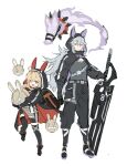  1boy 1girl ahoge alternate_costume animal_hood backpack bag bangs black_gloves black_legwear black_pants blonde_hair closed_mouth genshin_impact gloves grey_hair highres holding holding_sword holding_weapon hood hood_up jacket klee_(genshin_impact) long_hair long_sleeves open_mouth pants papajay_(jennygin2) pointy_ears razor_(genshin_impact) red_eyes shrug_(clothing) simple_background sword thigh-highs weapon white_background 