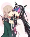  2girls :d :o aoki_shizumi bangs black_hair black_nails blue_hair blush breasts brown_eyes commentary_request dangan_ronpa_(series) dangan_ronpa_2:_goodbye_despair dress_shirt drooling eyebrows_visible_through_hair green_jacket grey_background jacket light_brown_hair lip_piercing long_hair looking_at_viewer medium_breasts mioda_ibuki multicolored_hair multiple_girls nail_polish nanami_chiaki open_mouth piercing pink_hair saliva school_uniform serafuku shirt short_sleeves smile upper_body upper_teeth white_hair white_shirt 