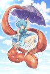  bangs blue_eyes blue_hair blue_skirt blue_vest breasts heterochromia highres holding holding_umbrella karakasa_obake large_breasts no_socks purple_umbrella red_eyes shirt short_hair skirt tanasuke tatara_kogasa tongue touhou umbrella vest white_shirt 