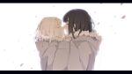  2girls absurdres bandaid black_hair closed_eyes coat fur_trim highres imminent_kiss interlocked_fingers letterboxed multiple_girls open_mouth original profile roisa sketch white_hair winter_clothes yuri 