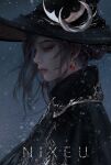  1girl artist_name black_cape black_hair cape earrings hat highres jewelry looking_down mole mole_under_mouth moon_(ornament) nixeu original red_eyes silver_trim snow witch_hat 
