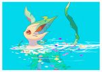  absurdres border brown_eyes commentary_request film_grain flower from_side gen_4_pokemon highres huge_filesize leafeon no_humans pokemon pokemon_(creature) saiku_(zvlku) shiny solo swimming water white_border 