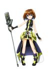  1girl bangs black_dress blue_eyes brown_hair closed_mouth dress eyebrows_visible_through_hair full_body hair_between_eyes hair_ornament highres holding holding_staff looking_at_viewer lyrical_nanoha mahou_shoujo_lyrical_nanoha mahou_shoujo_lyrical_nanoha_a&#039;s medium_hair oshimaru026 shiny shiny_hair short_dress simple_background sleeveless sleeveless_dress solo staff standing waist_cape white_background x_hair_ornament yagami_hayate 