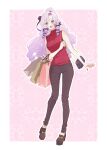  +_+ 1girl :d arime_hotaru bag bangs blush denim drill_hair hair_ribbon hairband handbag high_heels highres holding holding_bag hyakumantenbara_salome jeans long_hair nijisanji open_mouth pants parted_bangs purple_hair ribbon shopping_bag sleeveless sleeveless_sweater sleeveless_turtleneck smile solo sweater turtleneck turtleneck_sweater very_long_hair violet_eyes virtual_youtuber 