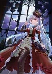  1girl absurdres architecture bangs bat black_legwear blunt_bangs crown dress expressionless full_moon gothic highres huge_filesize long_hair moon night night_sky open_clothes open_dress original pantyhose pointy_ears red_dress red_eyes sky vampire vic_(user_ztdh7374) white_hair window 