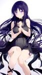  1girl assault_lily bare_shoulders black_dress blue_hair blush breasts collar dress eyebrows_visible_through_hair frilled_collar frills highres large_breasts long_hair looking_at_viewer meen_(ouaughikepdvrsf) shiny shiny_hair shiny_skin shirai_yuyu simple_background solo violet_eyes white_background 