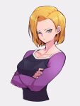  1girl android_18 blonde_hair blue_eyes closed_mouth crossed_arms dragon_ball dragon_ball_super earrings grey_background jewelry kemachiku long_sleeves looking_at_viewer short_hair simple_background solo upper_body 
