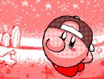  :d baseball_cap blue_eyes commentary dancing english_commentary flipnote_studio_(medium) french_commentary hat keke_(kokorokeke) kirby looking_at_viewer lowres mixed-language_commentary nintendo open_mouth pink_theme smile solo 